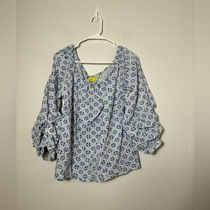 Roller Rabbit Blouse Sz Large Blue White Geometric Print Cotton Ruffle Sleeves‎